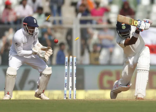 India's Rahul is bowled by Moeen Ali