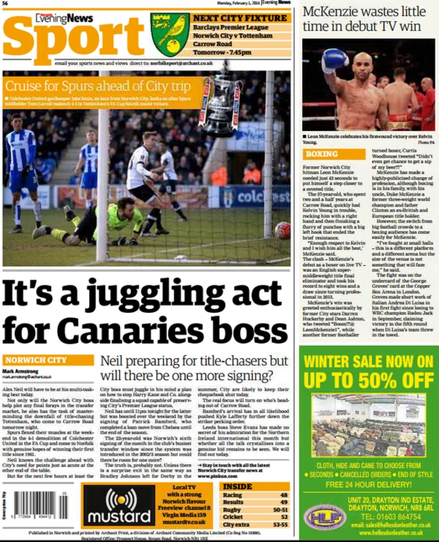 The back page of the Norwich Evening News