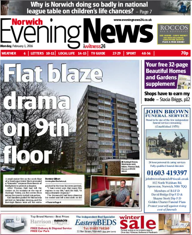 Front page of the Norwich Evening News