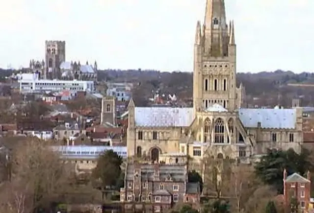 Norwich Cathedral with St John's Roman Catholic Cathedral in the background