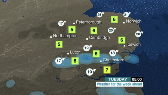 Weather chart for early Tuesday morning