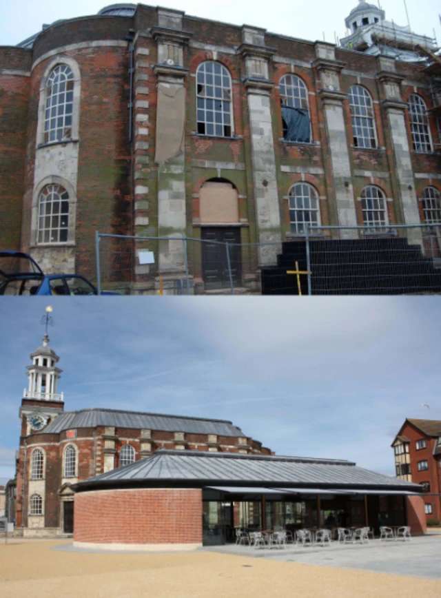 Before and after pictures of St George's pavilion and plaza