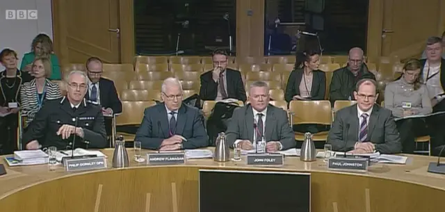 Police Scotland's Chief Constable Philip Gormley, Paul Johnston, the Scottish government's Interim Director-General Learning & Justice, Scottish Police Authority chief executive John Foley, Scottish Police Authority chair Andrew Flanagan