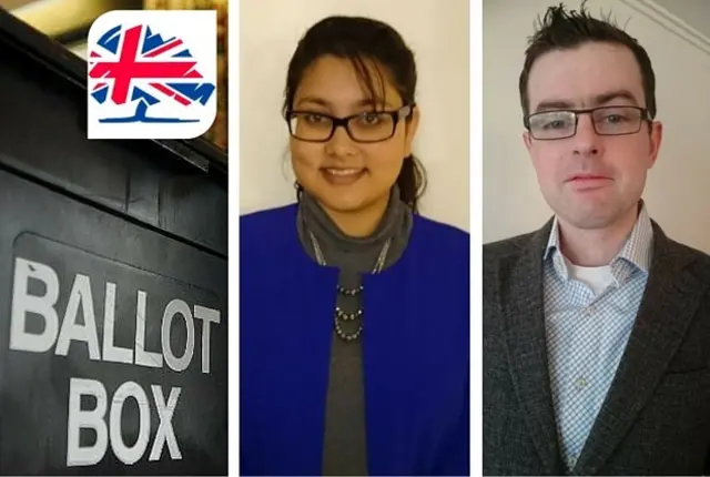 Composite image showing a ballot box and Conservative candidates Simran and Brian McMullan who are standing for, respectively, Lichfield City Council and Lichfield District Council