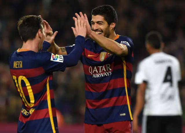 Lionel Messi (left) scored three times and Luis Suarez four in the 7-0 win in the first leg