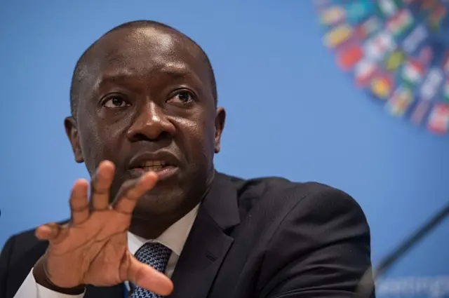 Amara Konneh speaks at a press conference of African finance ministers at the IMF/WB Spring Meetings in Washington, DC, on April 18, 2015