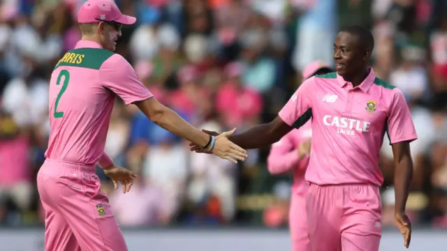 Kagiso Rabada and Chris Morris celebrate