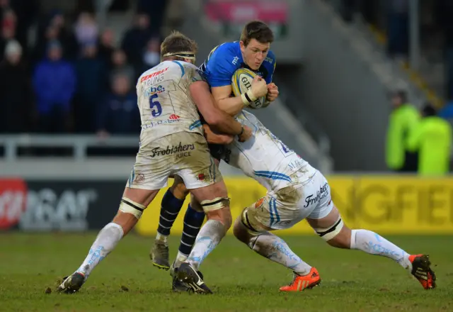 Sam James of Sale Sharks is tackled