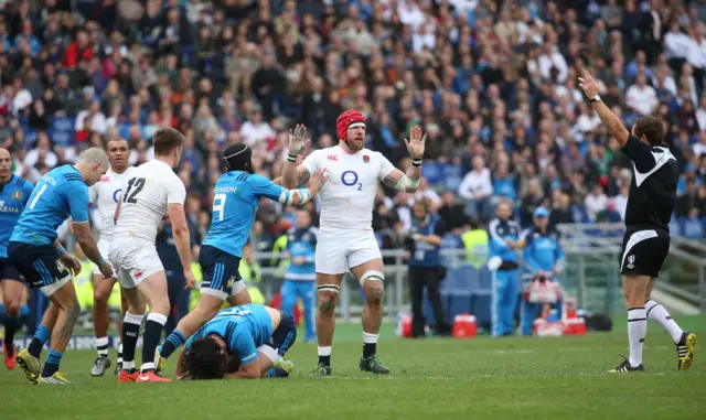 James Haskell gestures to the referee