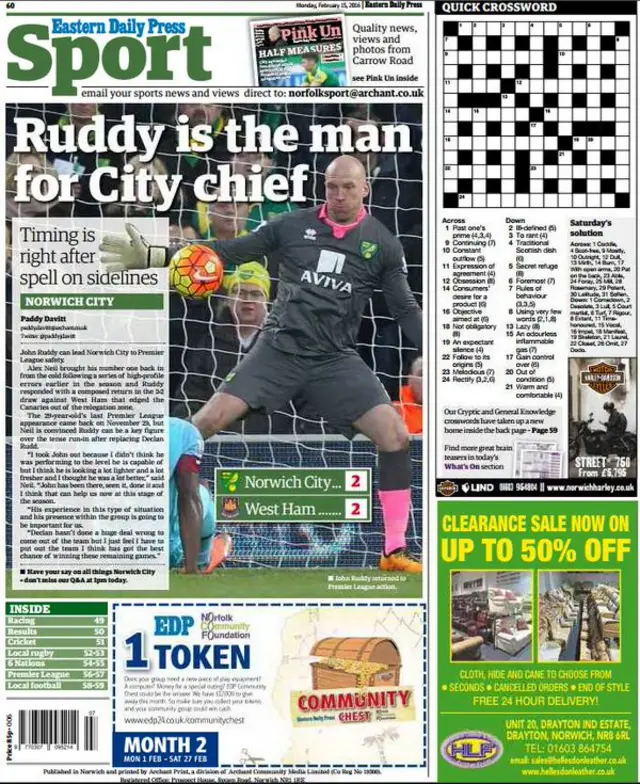Back page of the Eastern Daily Press