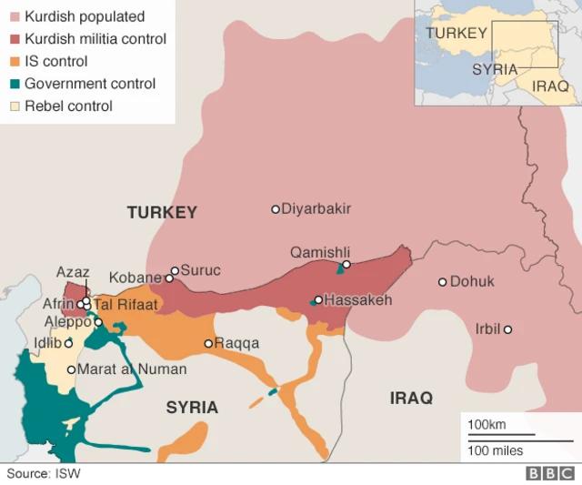 Map showing Kurdish control and population in Syria