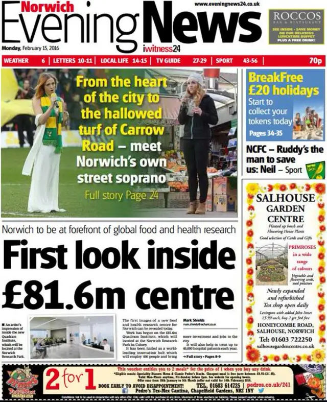 Front page of the Norwich Evening News