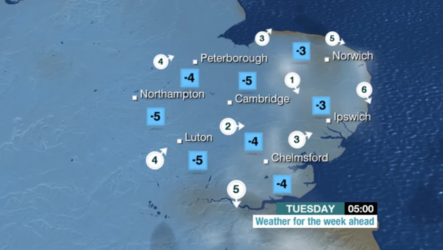 Weather chart for 05:00 Tuesday morning, show temperatures below freezing