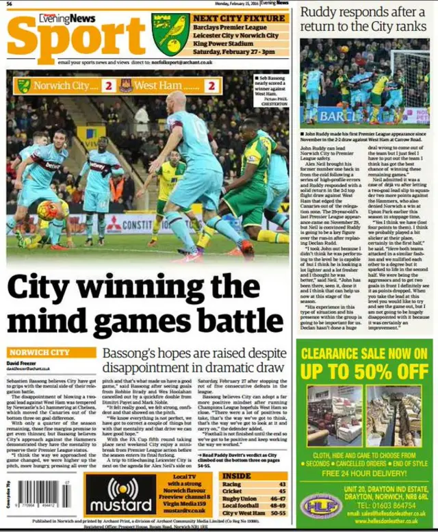 Back page of the Norwich Evening News