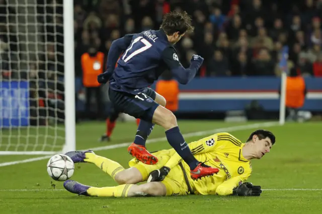 Thibaut Courtois saves from Maxwell