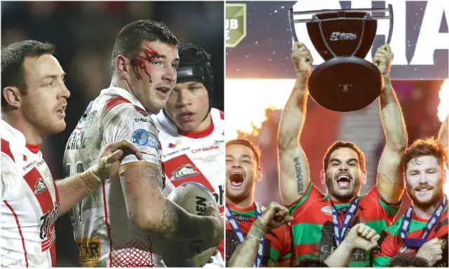 St Helens' Mark Percival (left) is bloodied, while Greg Inglis lifts the 2015 World Club Challenge trophy