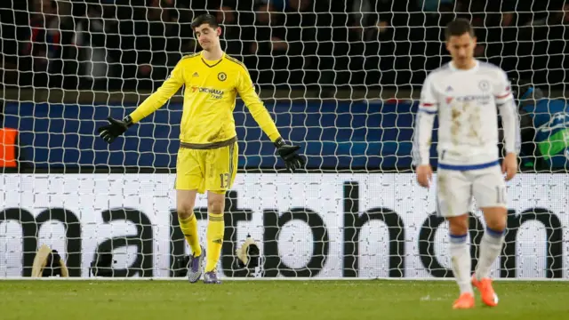 Chelsea's Thibault Courtois reacts to PSG's goal