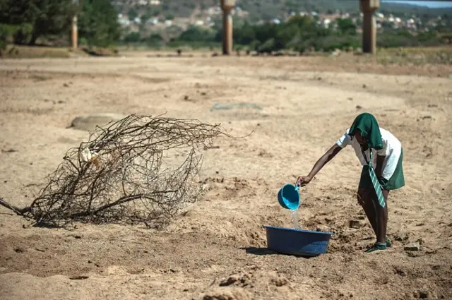 A shool girl tries to collect water from a dry puddle in Nongoma, north west of Durban, that has been badly affected by the recent drought, near a free water point sponsored by concerned citizens on November 9, 2015