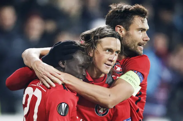 The Midtjylland players celebrate