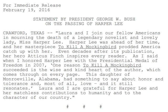 George Bush statement on Harper Lee