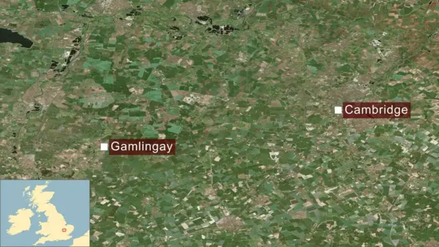 Map showing Gamlingay and Cambridge