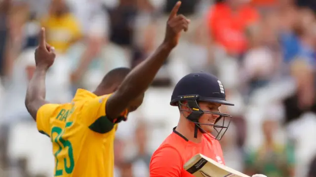 Kagiso Rabada celebrates the wicket of Jason Roy