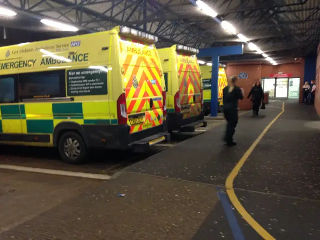Ambulances outside A&E at Leicester Royal Infirmary