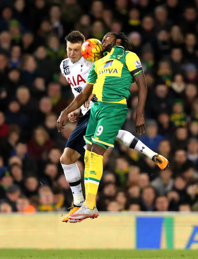 Dieumerci Mbokani of Norwich heads the ball