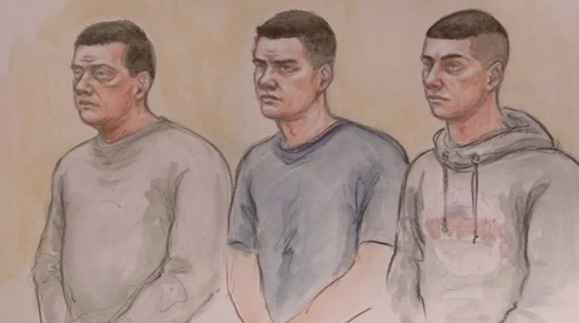 Court drawings of Peter Eyre and his sons Simon and Anthony accused of murdering three people who died in a fire in a flat at Langley Mill
