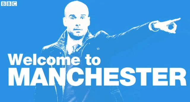 Welcome to Manchester sign featuring Pep Guardiola