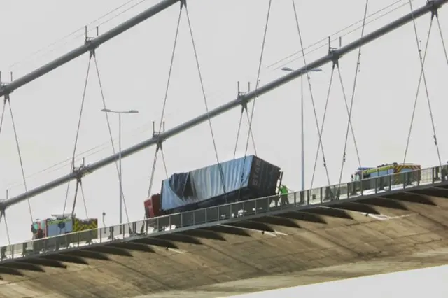 Lorry over on Humber Bridge