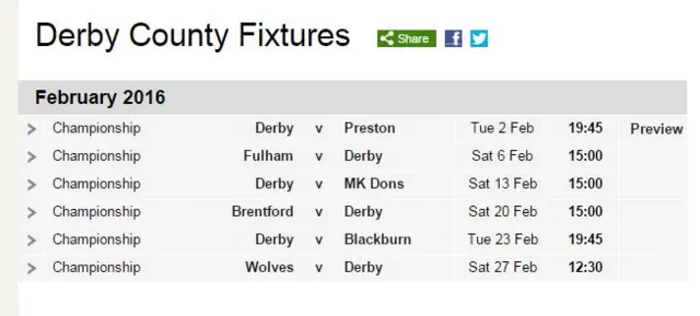 Derby County fixtures