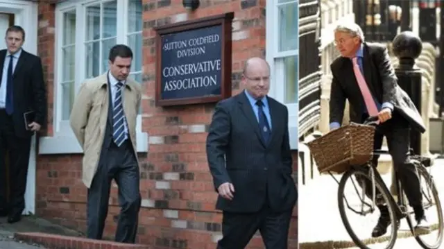 Composite image showing the three officers (left) when they met Mr Mitchell (right) at his Sutton Coldfield constituency office in 2012