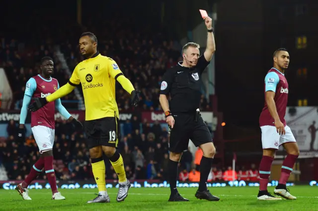 Jordan Ayew of Aston Villa is sent off