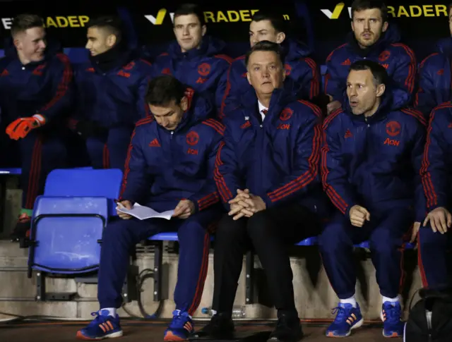 Louis van Gaal manager of Manchester United looks on