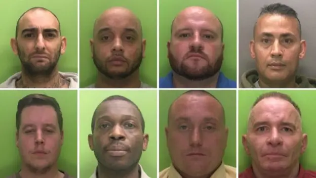 William Goldhawk, Jermaine Hammond, Oliver Junior, Masued Khalil (top left to right), Jamie Parlor, Shaun Porteous, Kane Price and Mark Thone (bottom left to right) were all jailed at Nottingham Crown Court