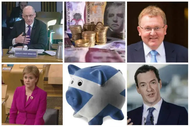 Collage: John Swinney, Nicola Sturgeon, Scottish currency, Scottish piggy bank, David Mundell and George Osborne