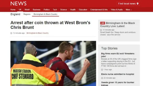 Arrest after coin thrown at West Brom's Chris Brunt