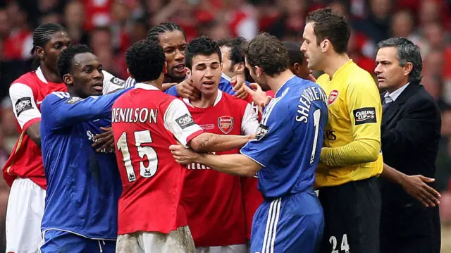 Chelsea and Arsenal players at the end of the 2007 Carling Cup final.