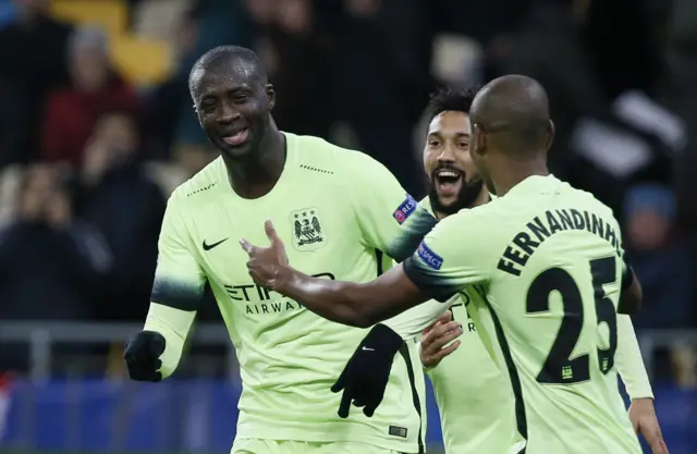 Yaya Toure celebrates scoring for Manchester City