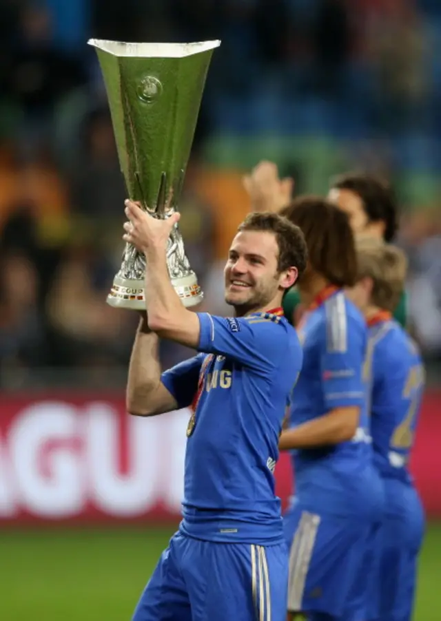 Juan Mata celebrates Chelsea's Europa League success