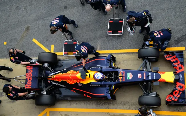 A Red Bull F1 car in the pits