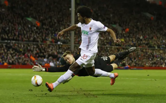 Augsburg striker Caiuby shoots towards goal