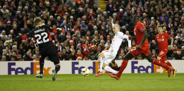 Liverpool goalkeeper Simon Mignolet in action against Augsburg