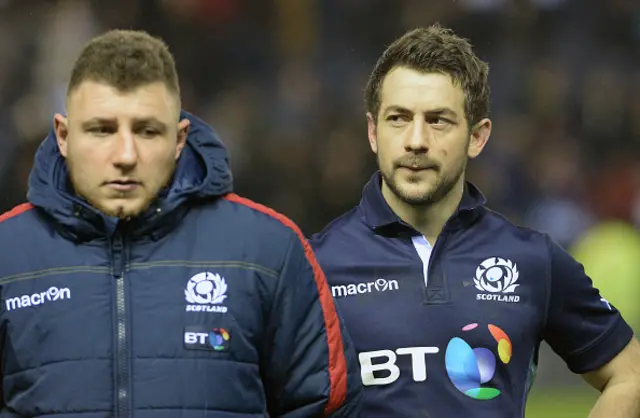 Scotland's Duncan Weir (left) and captain and scrum half Greig Laidlaw react following another defeat