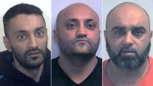 Arshid Hussain (left) and Basharat (centre) were found guilty, while Bannaras Hussain (right) admitted 10 offences before the trial started