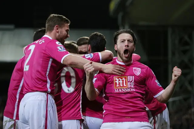 Bournemouth players celebrate scoring a goal against Crystal Palace.