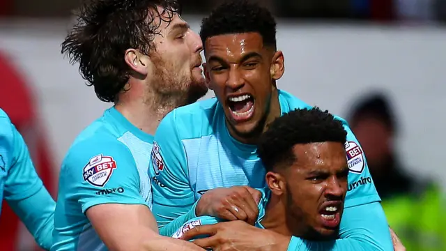 Derby players celebrate in the win against Brentford