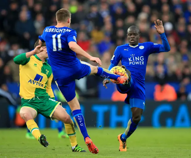 Leicester's N'Golo Kante and Marc Albrighton get in each other's way