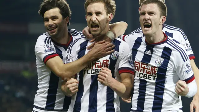 West Brom's Claudio Yacob, Craig Dawson and Craig Gardner celebrate their side's second goal